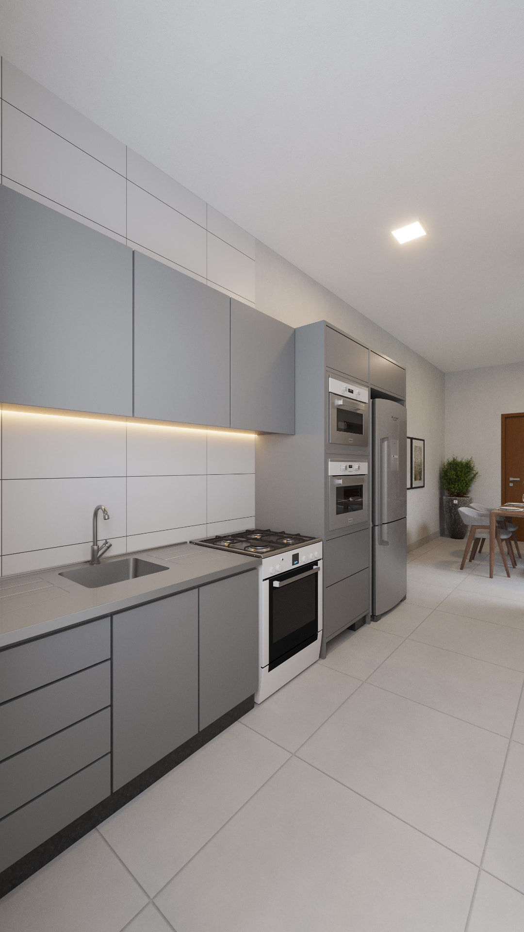 Cozinha em corredor com vista para a sala de jantar — Planta C
