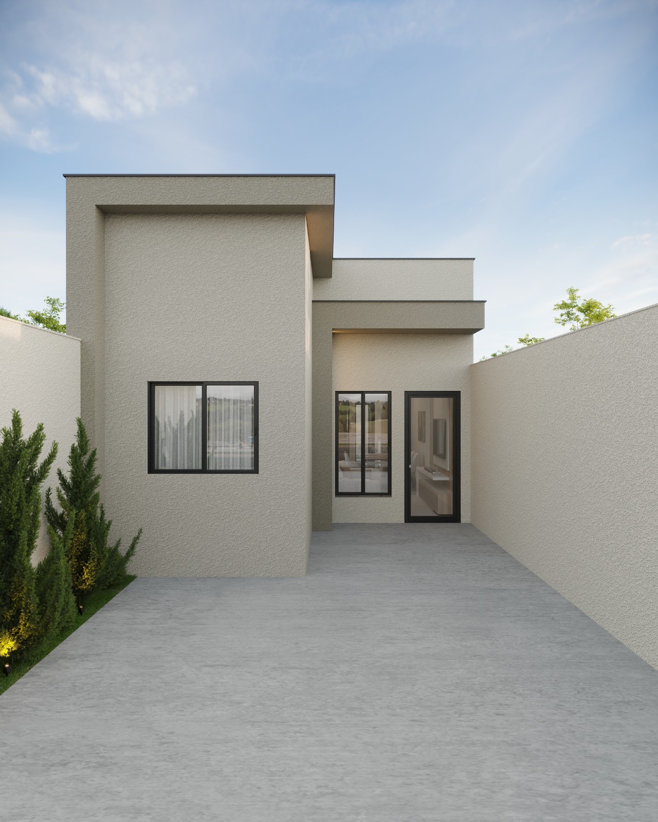 Fachada da casa térrea de 70 m² da Planta A — Casas Parque Laranjeiras