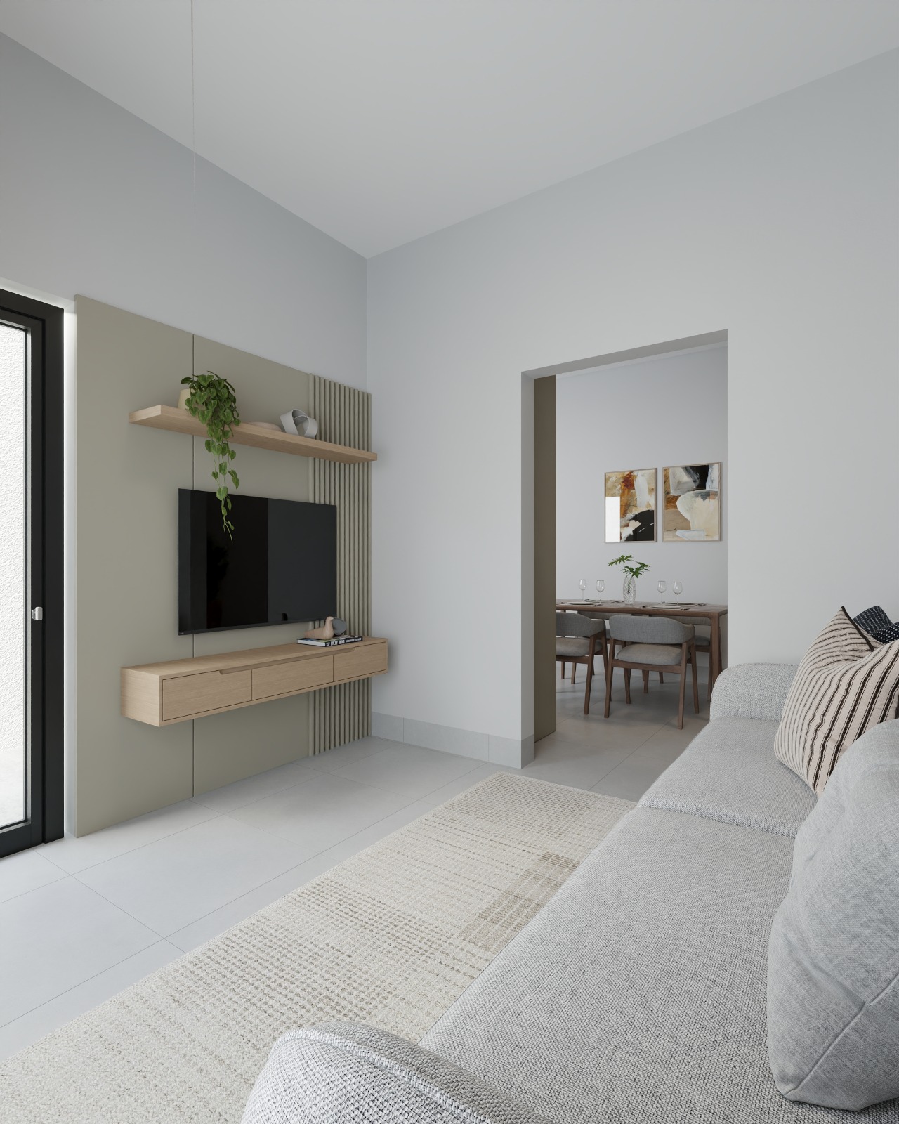 Sala de estar com painel de TV e passagem para a sala de jantar — Planta B
