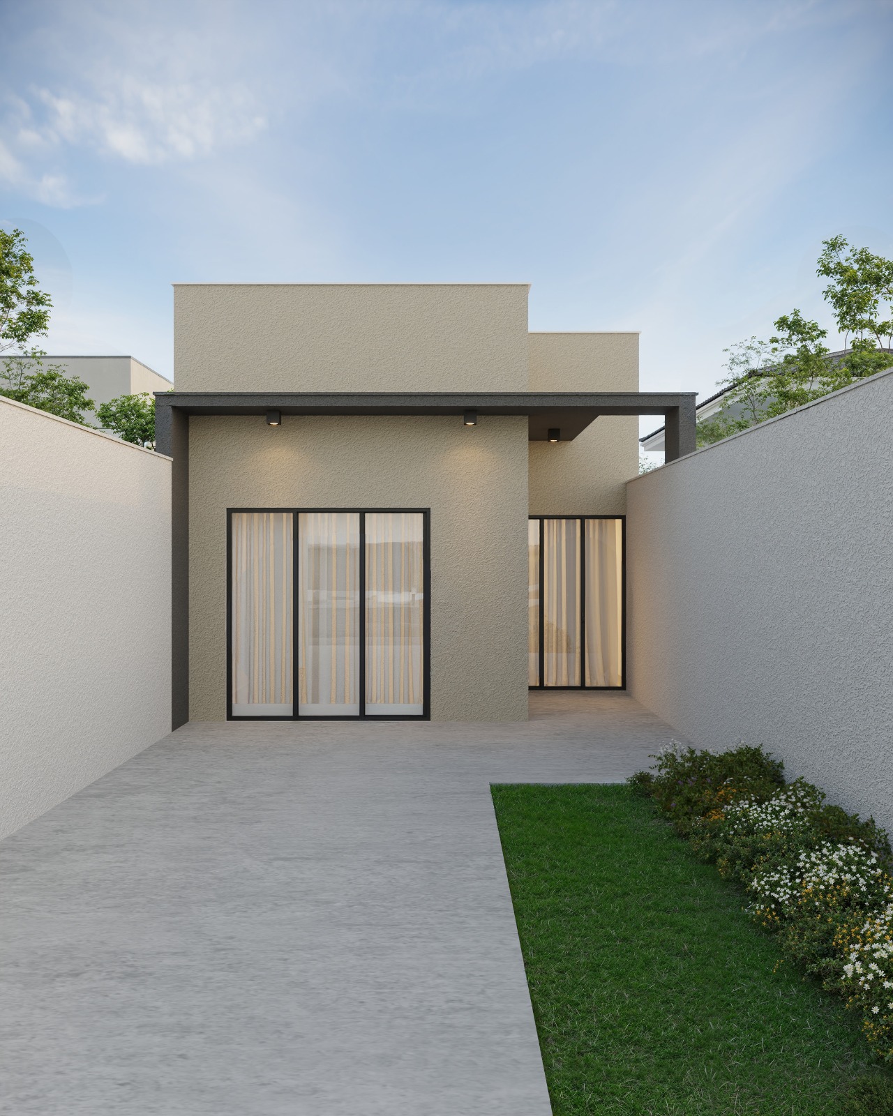 Fachada da casa com garagem coberta e jardim — Planta C